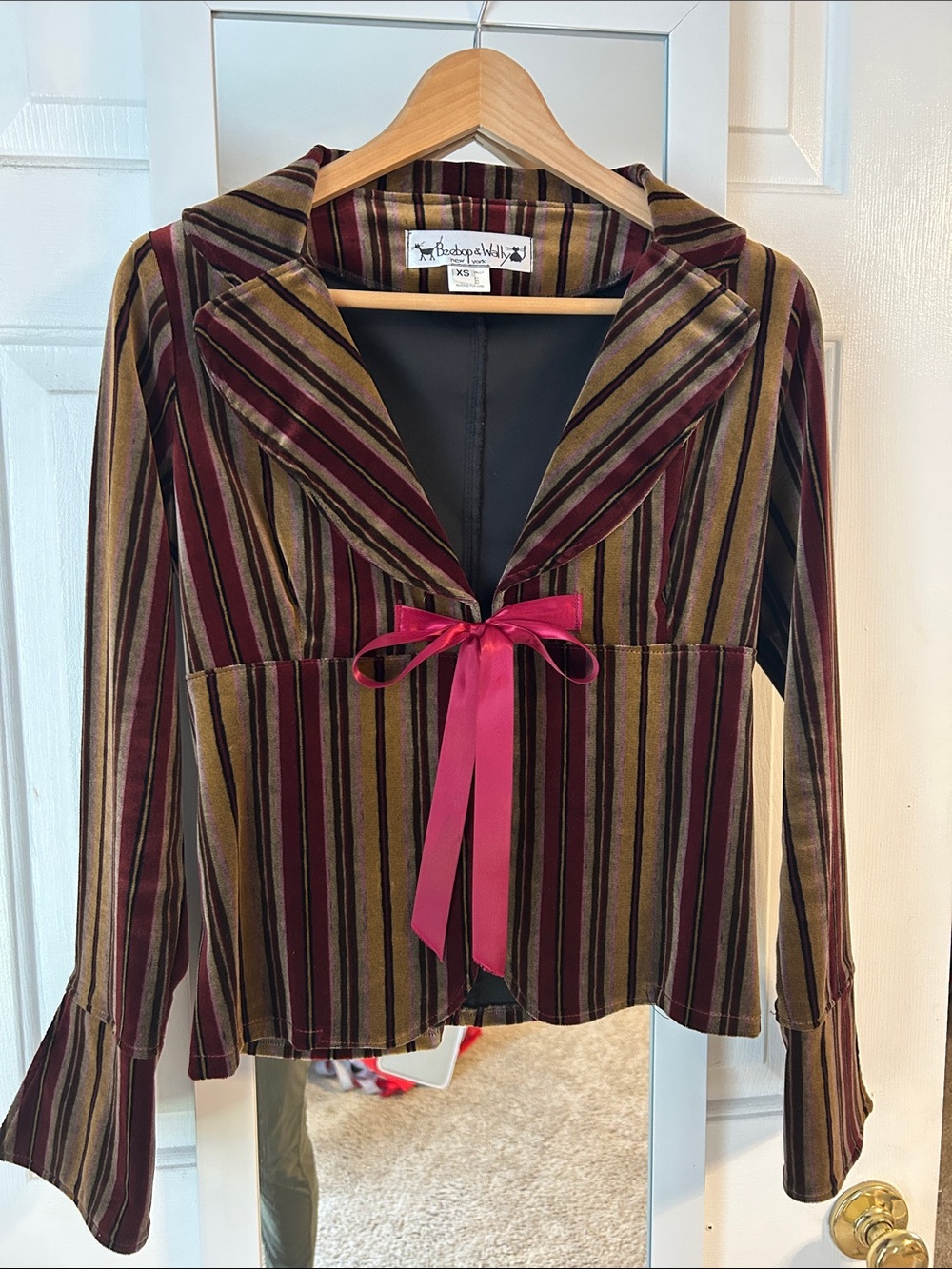 Beebop & Wally Striped Velvet Blazer in Burgundy, Gray & Gold with Ribbon Tie XS